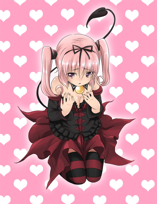 bare_shoulders, blush, breasts, cleavage, hands_on_own_chest, heart, heart_background, kneeling