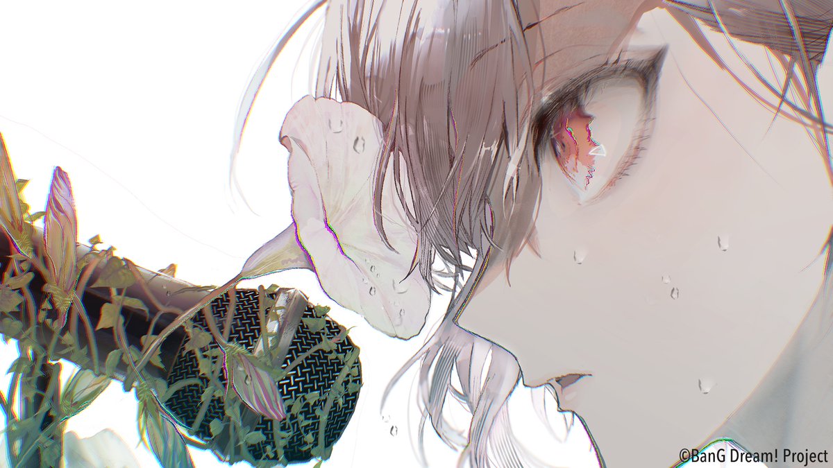 1girl, bang_dream!, bang_dream!_it's_mygo!!!!!, brown_eyes, chromatic_aberration, close-up, commentary_request, copyright_notice, flower_request, grey_hair, guest_art, microphone, moukonzenmetsu, official_art, open_mouth, overgrown, short_hair, simple_background, solo, sweat, takamatsu_tomori, white_background