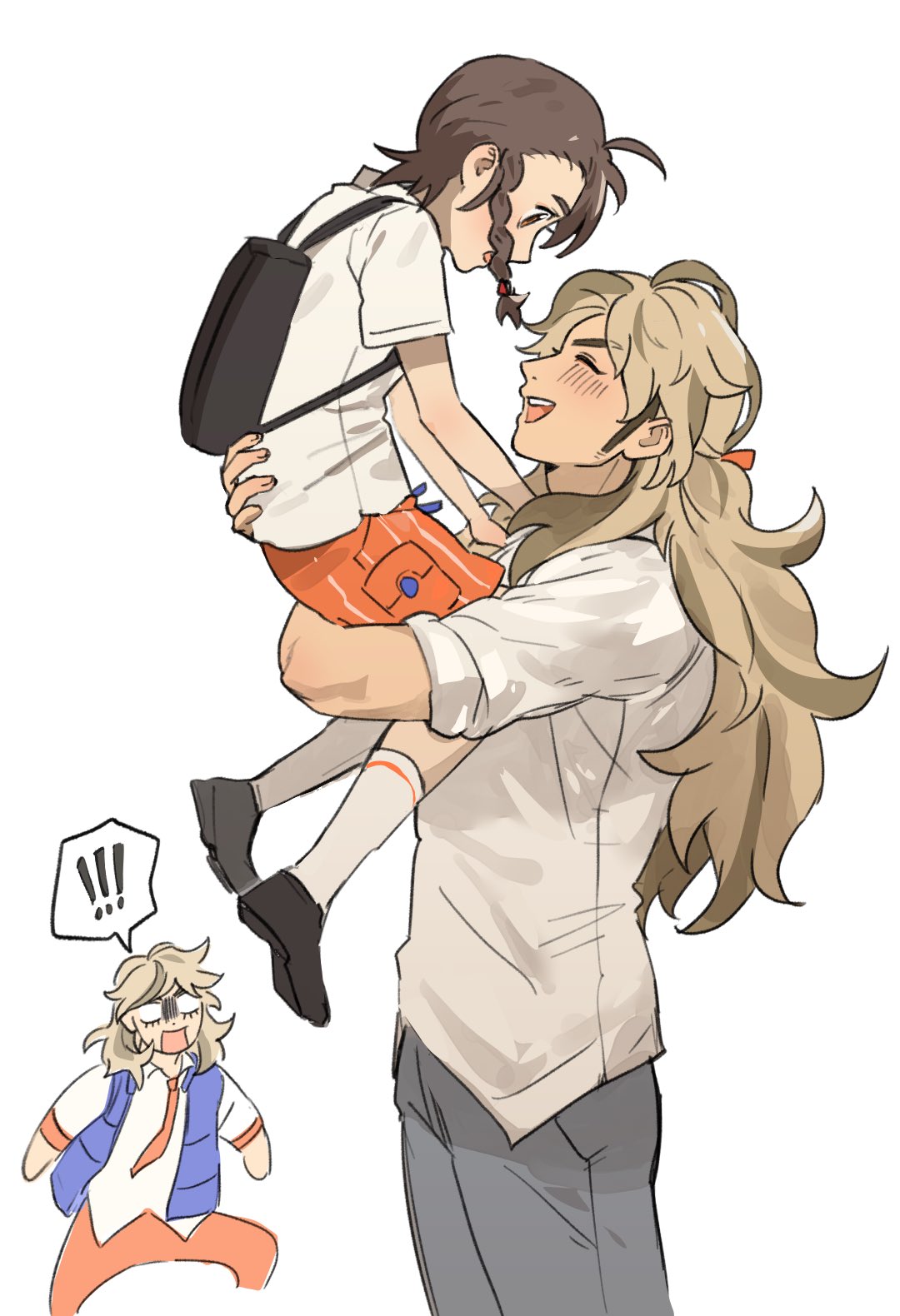 !, 1girl, 2boys, :d, alternate_hair_length, alternate_hairstyle, arven_(pokemon), backpack, bag, black_bag, braid, brown_hair, carrying, closed_eyes, commentary_request, grey_pants, highres, inbagzlzl, juliana_(pokemon), korean_commentary, long_hair, multiple_boys, open_mouth, orange_shorts, pants, pokemon, pokemon_sv, shirt, shoes, short_sleeves, shorts, simple_background, smile, socks, spoken_exclamation_mark, teeth, upper_teeth_only, white_background, white_shirt, white_socks