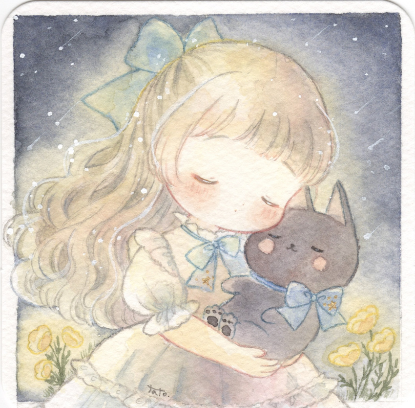 1girl, animal, artist_name, blonde_hair, blue_bow, blue_bowtie, blush, border