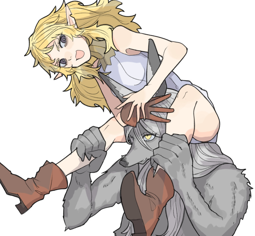 1boy, 1girl, alternate_form, boots, brown_footwear, brown_gloves, carrying, dungeon_meshi