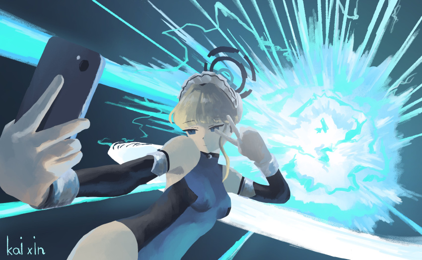 1girl, absurdres, blonde_hair, blue_archive, blue_dress, blue_eyes, blunt_bangs, d.va_(overwatch)