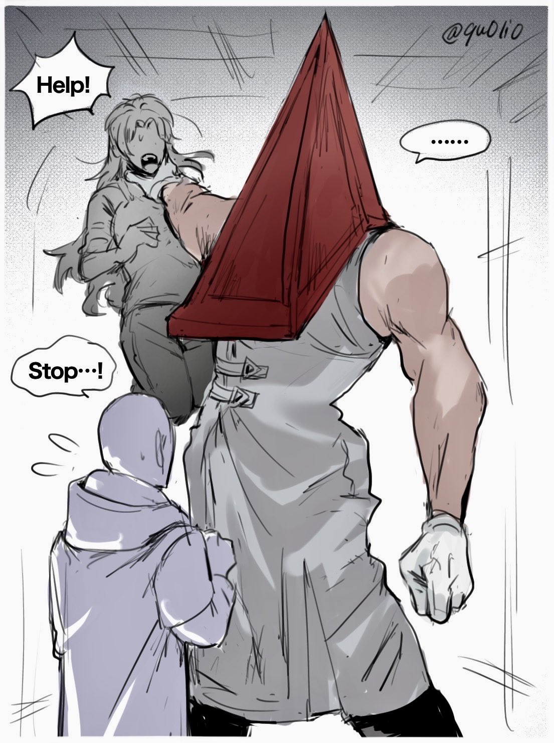 ..., 1boy, 1girl, 1other, artist_name, bald, bare_arms, commentary