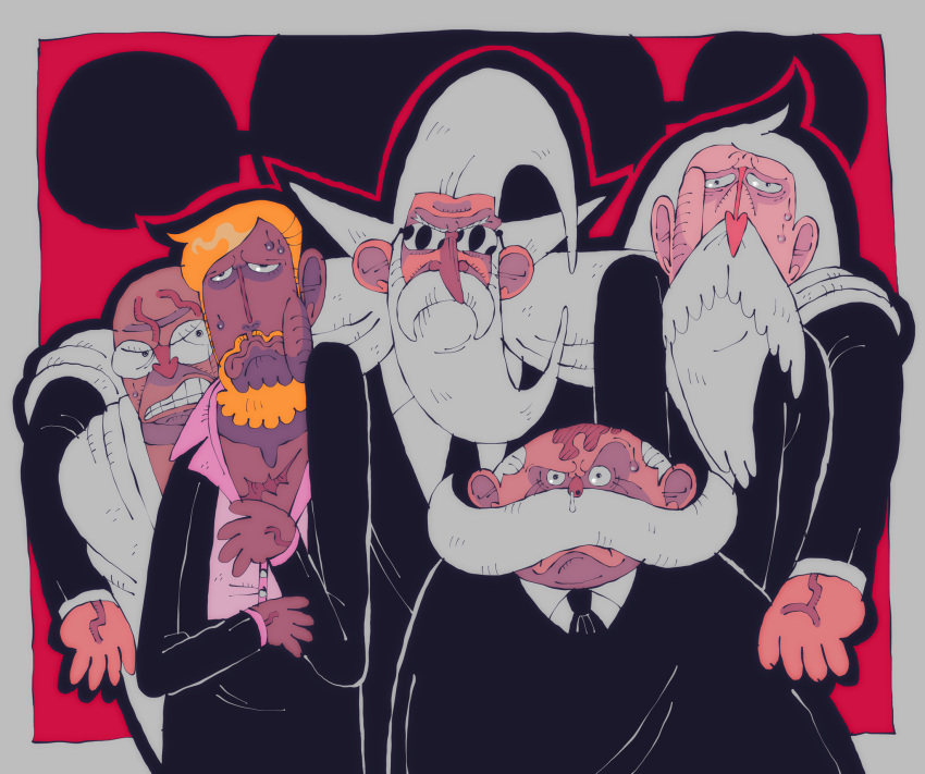 5boys, angry, bald, beard, birthmark, black_necktie, black_suit, blonde_hair, bubbydarkstar, english_commentary, ethan-baron_v._nusjuro, facial_hair, figarland_garling, glasses, gorosei, highres, long_beard, long_hair, male_focus, marcus_mars, multiple_boys, mustache, necktie, old, old_man, one_piece, parody, pink_shirt, red_background, robe, scar, scar_on_chest, shepherd_ju_peter, shirt, short_hair, snot, squishing, stress, suit, sunglasses, sweatdrop, thick_mustache, toon_(style), topman_warcury, white_hair, white_robe, white_shirt
