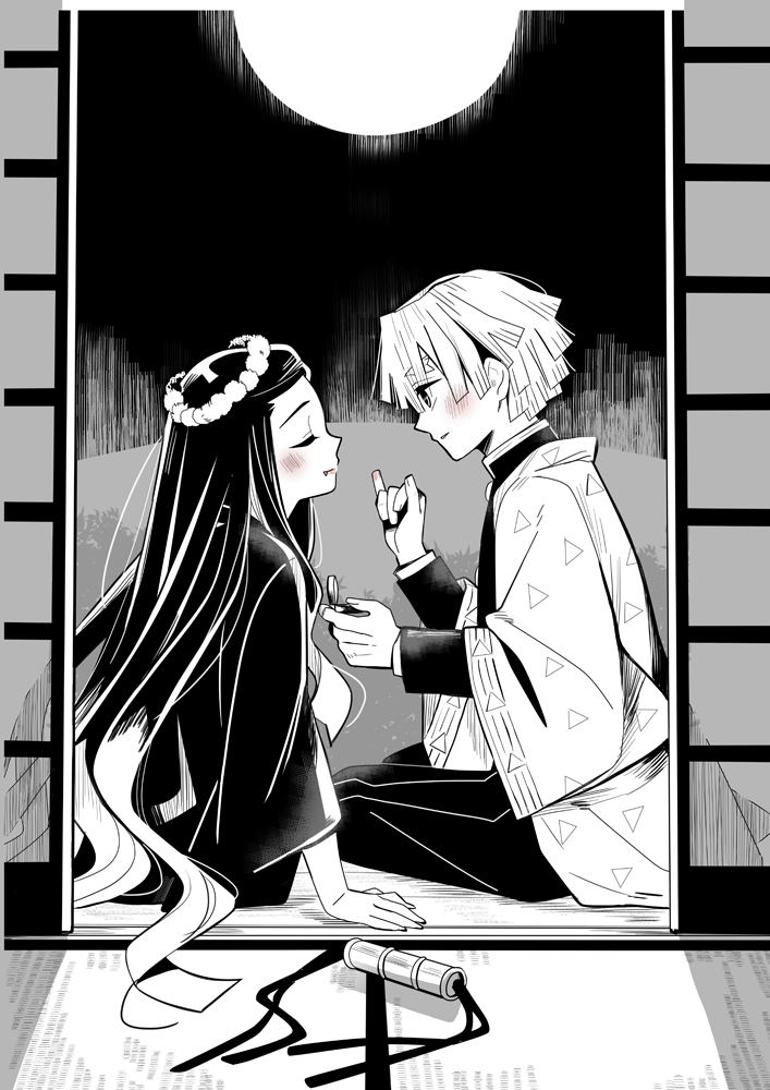 1boy, 1girl, agatsuma_zenitsu, applying_makeup_on_another, blush, closed_eyes, commentary_request, demon_slayer_uniform