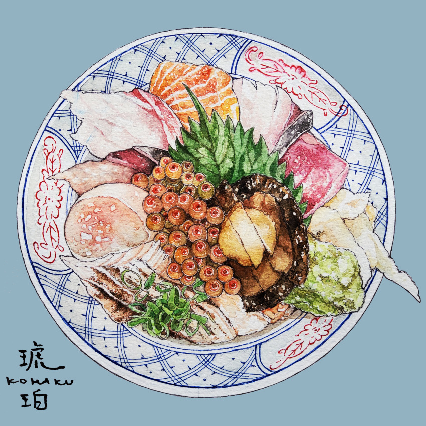 abalone, absurdres, artist_name, blue_background, bowl, commentary_request, fish_(food), food