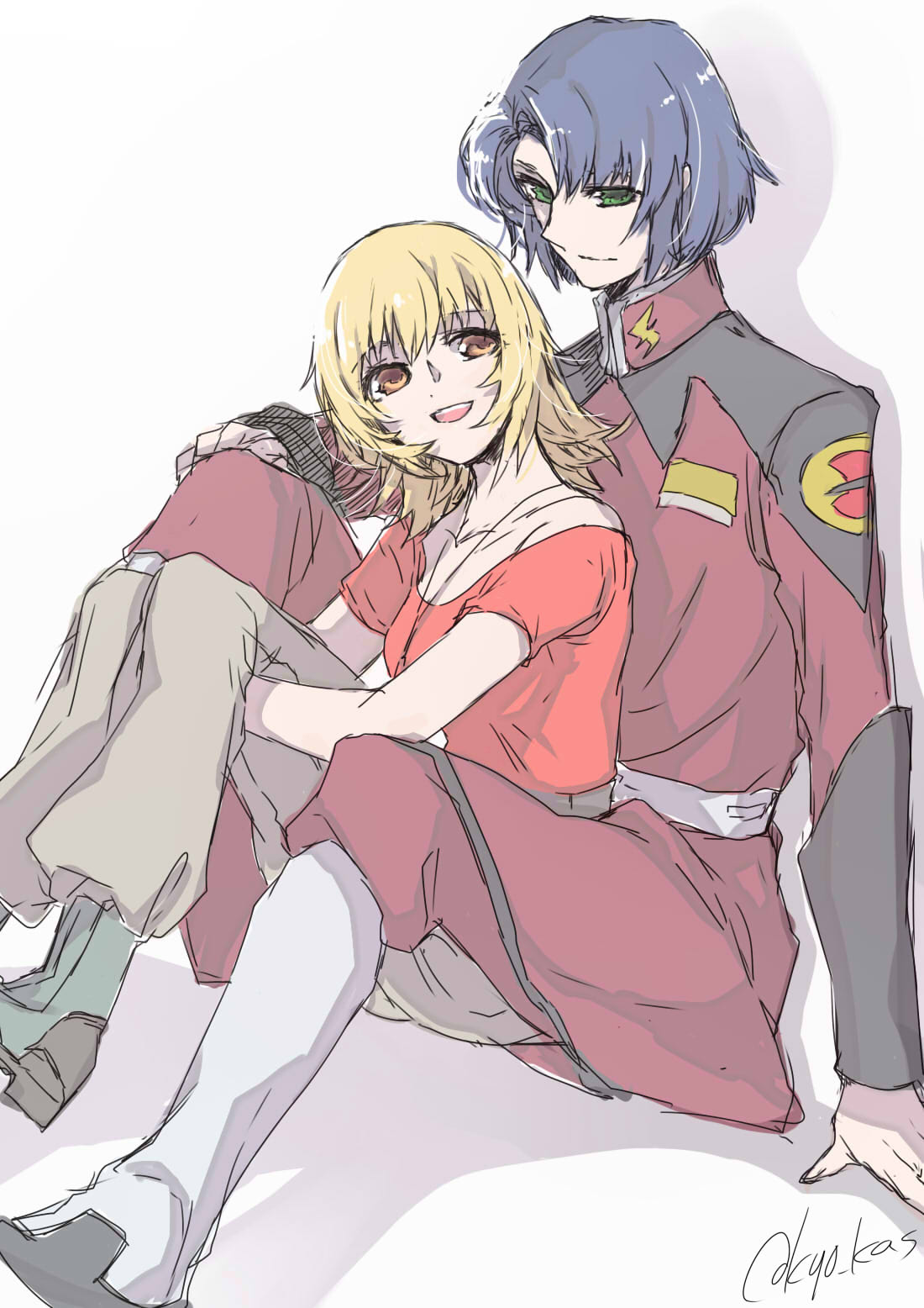 1boy, 1girl, :d, athrun_zala, blonde_hair, blue_hair, brown_eyes, brown_pants