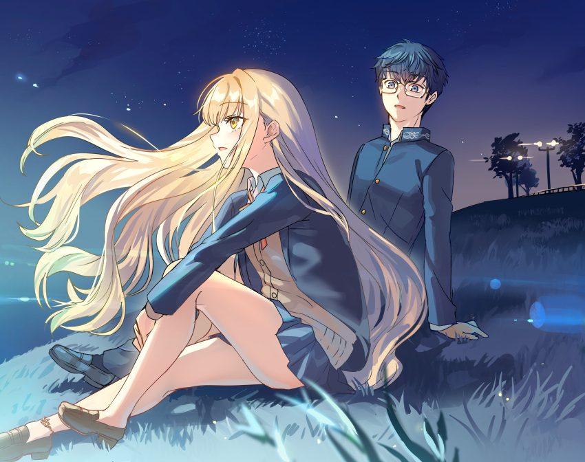 1boy, 1girl, absurdres, bare_legs, blonde_hair, blue_hair, blue_jacket, blue_skirt