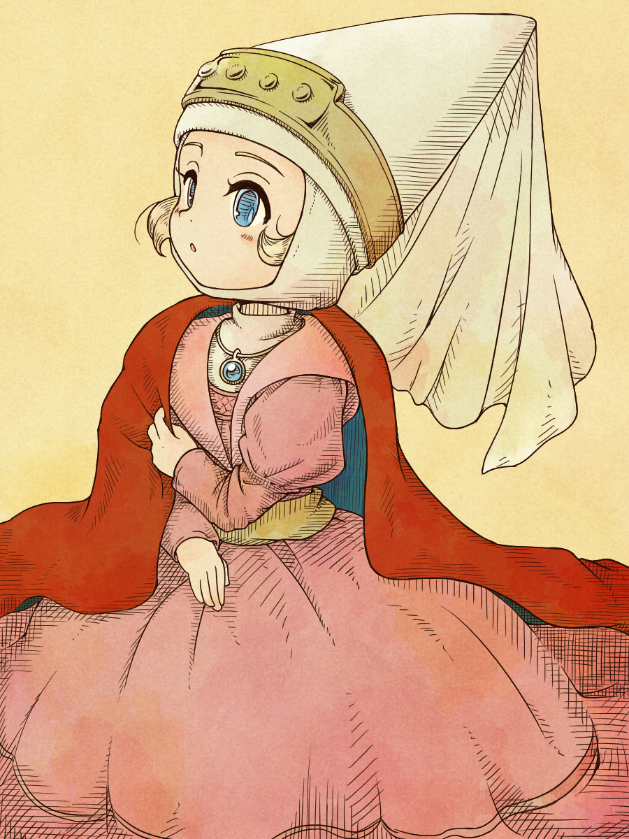 1girl, 4ma4ma5ma, :o, blonde_hair, blue_eyes, borrowed_clothes, child, commentary_request, conical_hat, dragon_quest, dragon_quest_vii, dress, hatching_(texture), headdress, highres, jewelry, juliet_sleeves, leesa_(dq7), long_sleeves, looking_to_the_side, necklace, open_mouth, pink_dress, princess, puffy_sleeves, solo, yellow_background