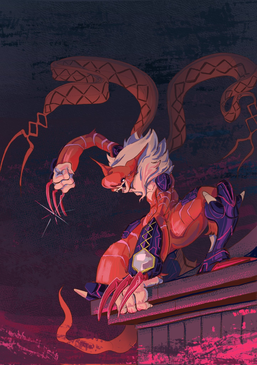 1girl, armor, armored_boots, blank_eyes, boots, camilla76260411, claw_(weapon), claws, digimon, digimon_(creature), fangs, furry, furry_female, hand_up, highres, looking_at_viewer, meicrackmon_(vicious_mode), neck_fur, night, no_humans, on_one_knee, on_rooftop, open_mouth, orange_fur, purple_armor, red_sky, sharp_teeth, shoulder_armor, sky, solo, squatting, teeth, two-tone_fur, weapon