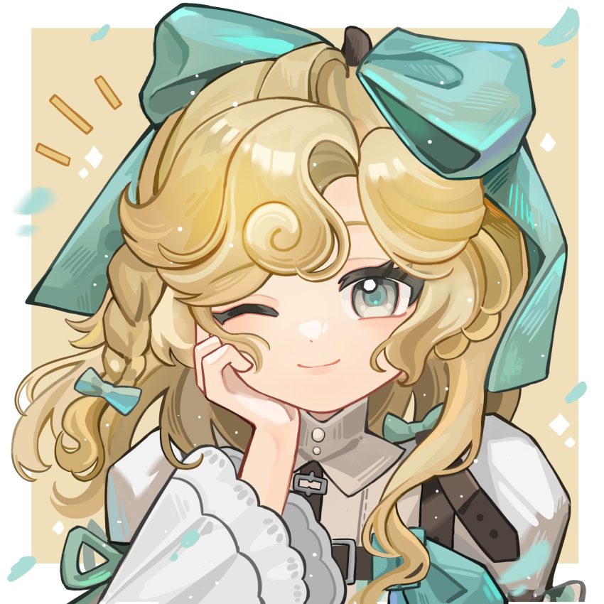 1girl, ;), aqua_bow, aqua_eyes, belt, blonde_hair, border, bow