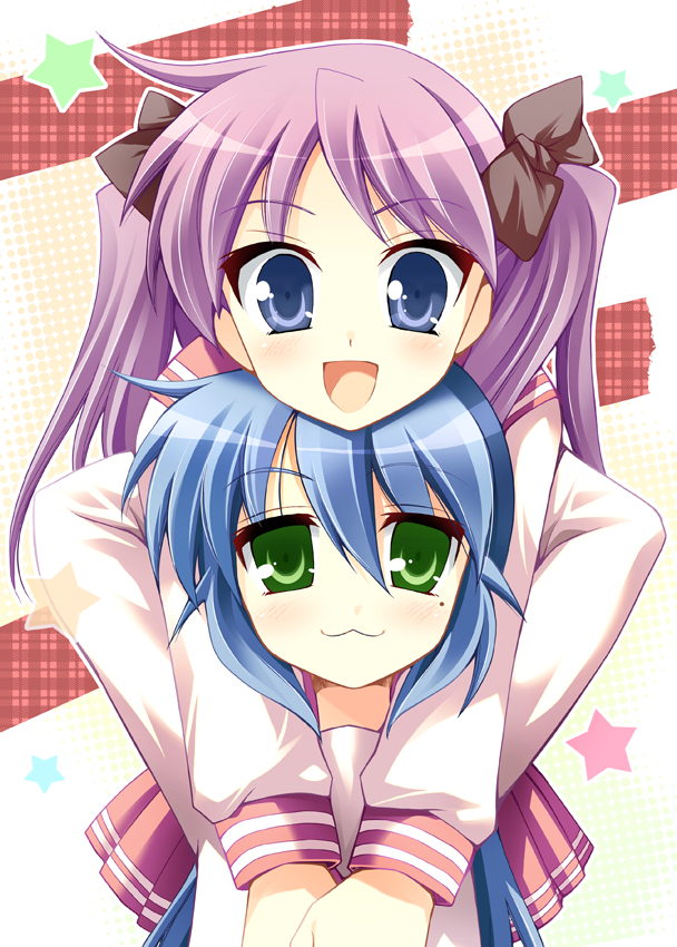 :3, blue_eyes, blue_hair, chin_on_head, chin_rest, green_eyes, gunp, hair_ribbon