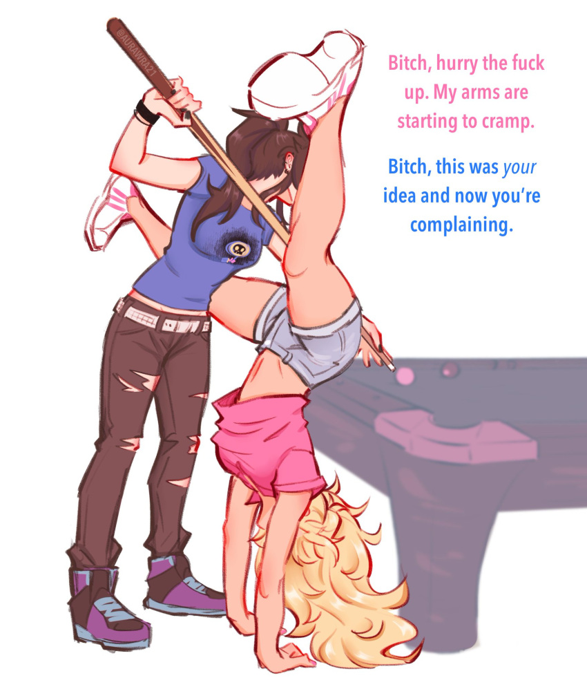 2girls, aurora_(aurawra21), black_hair, black_nails, blonde_hair, blue_shirt, bracelet, class_of_09