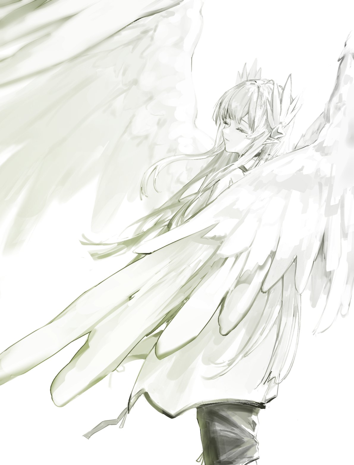 1girl, arknights, closed_eyes, commentary, cowboy_shot, highres, lab_coat, laurel_crown, long_hair, monochrome, muelsyse_(arknights), pants, pointy_ears, qwq22565156, sidelocks, simple_background, solo, wings