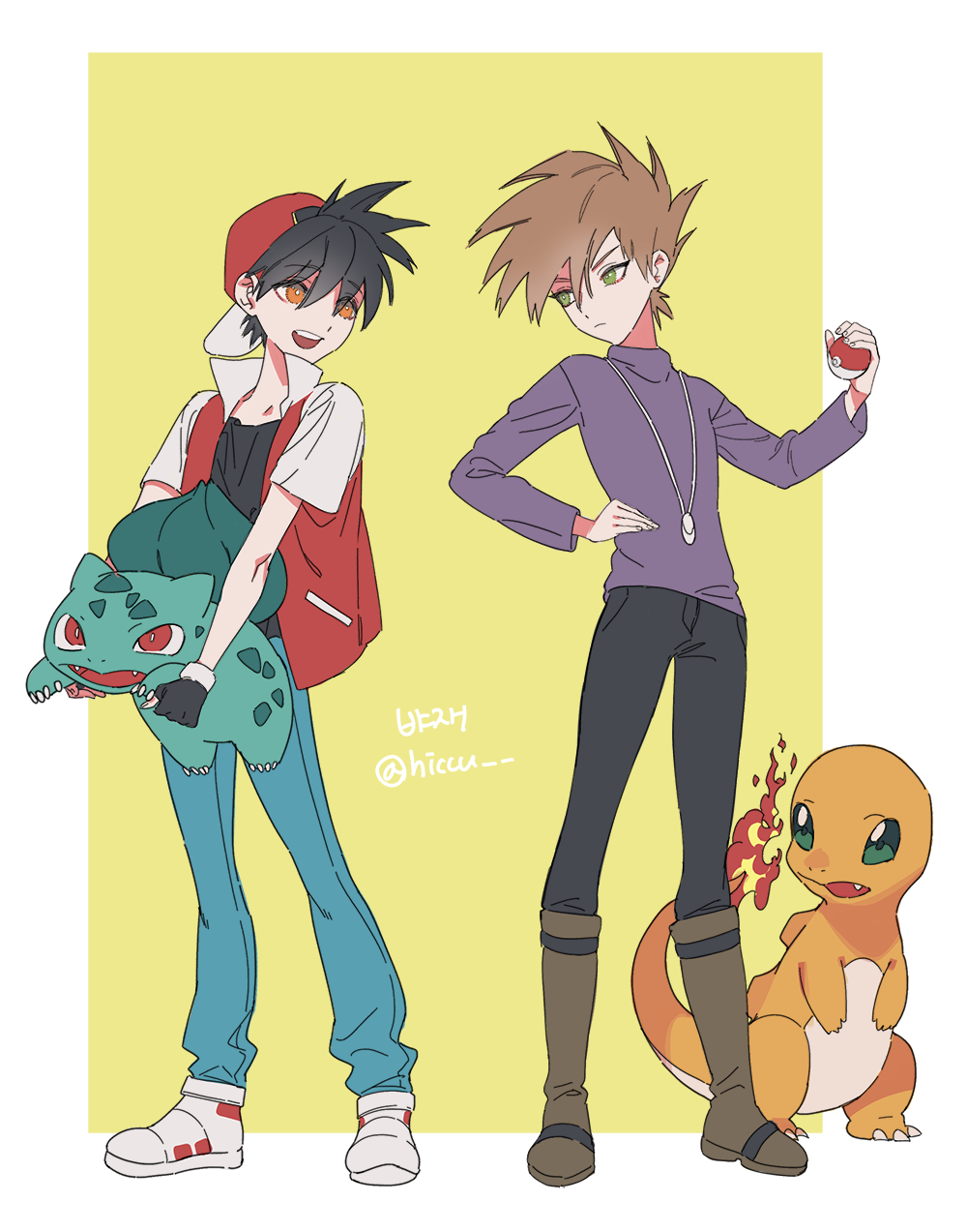 2boys, backwards_hat, black_gloves, black_hair, black_shirt, blue_oak, blue_pants, boots