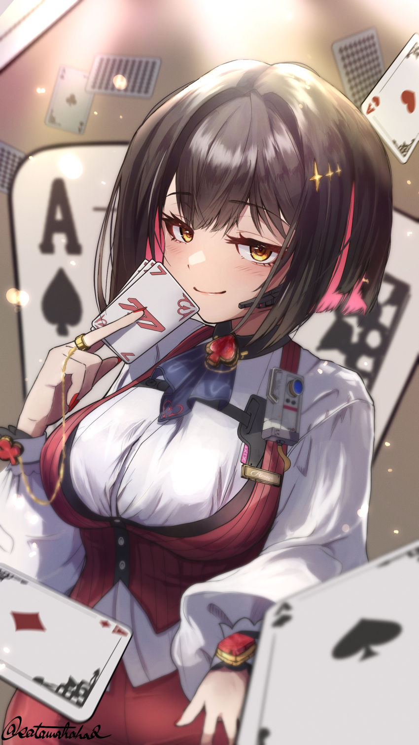 1girl, absurdres, ace_(playing_card), ace_of_hearts, ace_of_spades, black_hair, blush, breasts