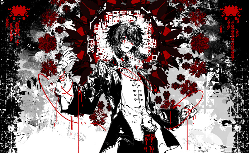 1boy, absurdres, ahoge, bandaged_arm, bandages, bright_pupils, chinese_commentary, collared_shirt, commentary_request, commission, cowboy_shot, facial_tattoo, greyscale, highres, jacket, leidianhongseyujing, long_sleeves, male_focus, medium_hair, monochrome, open_clothes, open_collar, open_jacket, open_mouth, shirt, sidelocks, smile, solo, spot_color, tattoo, touqi_guaitan, ziche_fuzhao