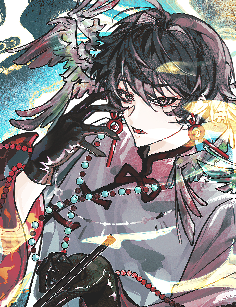 1boy, alternate_costume, black_eyes, black_gloves, black_hair, chinese_clothes, chinese_commentary, commentary_request