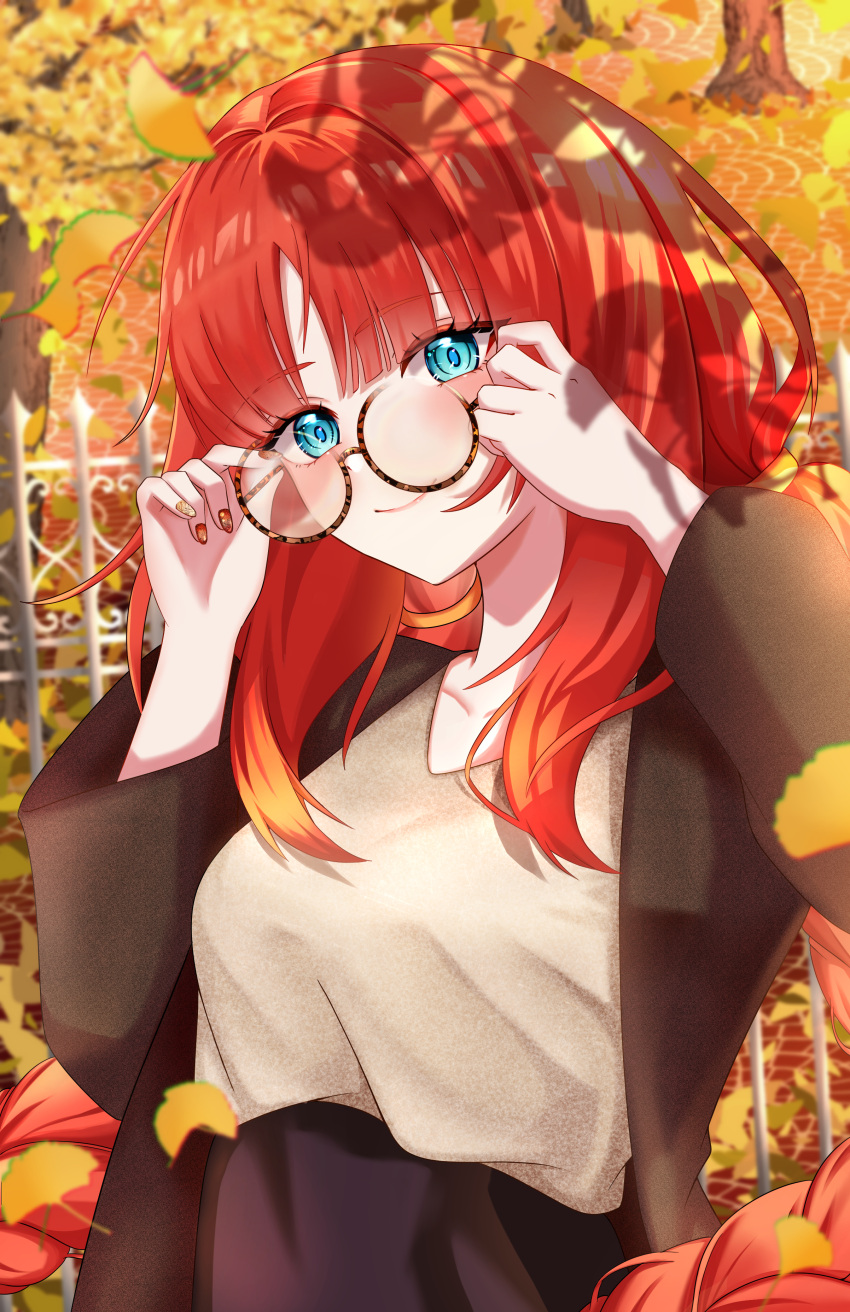 1girl, absurdres, adjusting_eyewear, alternate_costume, aqua_eyes, autumn, autumn_leaves, bespectacled