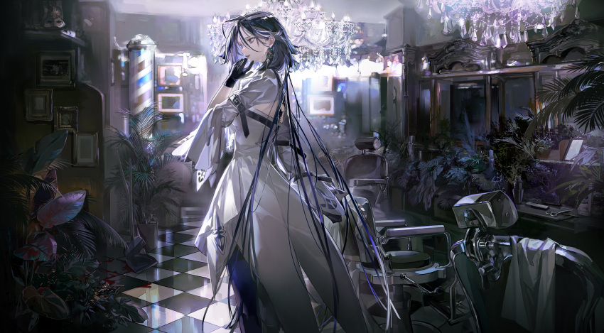 1girl, absurdres, adela_(path_to_nowhere), ahoge, arm_strap, back_cutout, black_gloves, chair