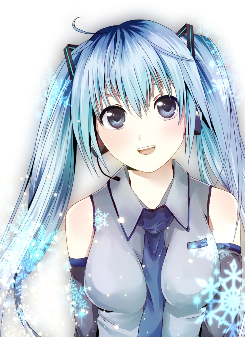 blue_eyes, blue_hair, blush, breasts, detached_sleeves, hatsune_miku, headphones, highres, long_hair, necktie, open_mouth, snowflakes, twintails, vocaloid, yoshiichi_(yosiichi), yuki_miku