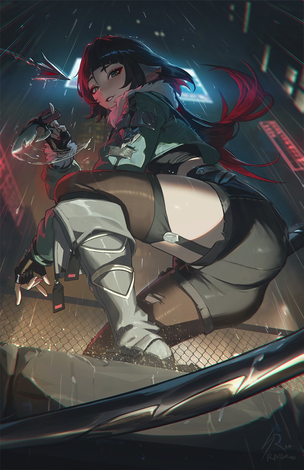 1girl, commentary, grey_footwear, highres, jane_doe_(zenless_zone_zero), kunai, looking_at_viewer, neon_lights