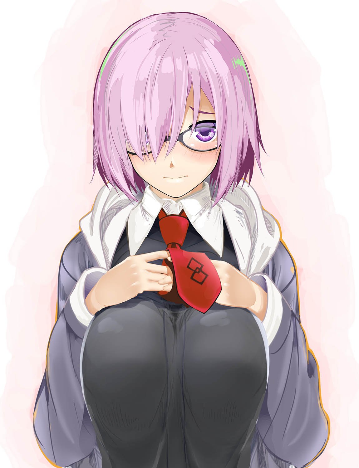 1girl, aasara, black-framed_eyewear, blush, breasts, chaldea_logo, chaldea_uniform, commentary_request, fate/grand_order, fate_(series), glasses, hair_over_one_eye, highres, large_breasts, looking_at_viewer, mash_kyrielight, necktie, purple_hair, red_necktie, round_eyewear, short_hair, solo, upper_body, violet_eyes, white_background