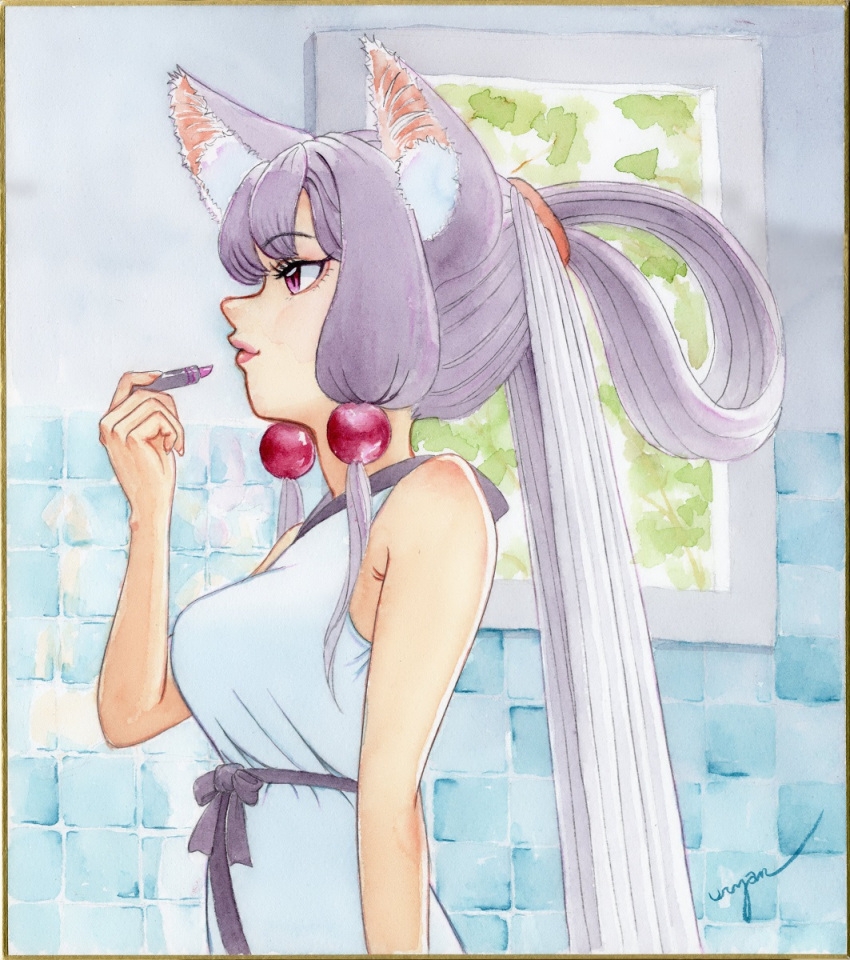 1girl, animal_ear_fluff, animal_ears, applying_makeup, artist_name, bare_arms, bare_shoulders, beads