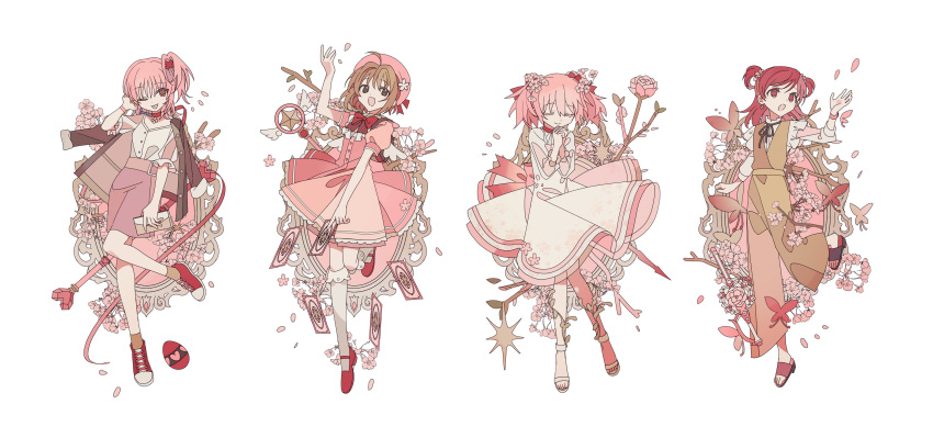 4girls, absurdres, ahoge, alternate_costume, angel_wings, ankle_socks, back_bow, belt