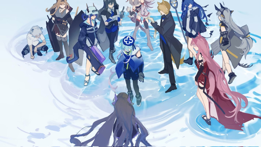 3boys, 6+girls, animal_ears, arknights, bare_legs, beret, black_coat, black_footwear