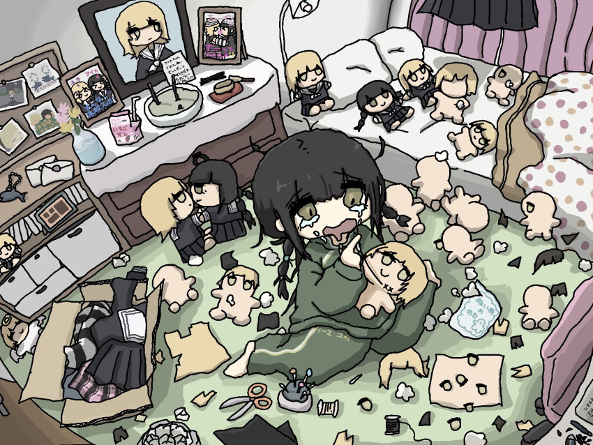 2girls, bed, bedroom, black_hair, blonde_hair, braid, brown_eyes, character_doll