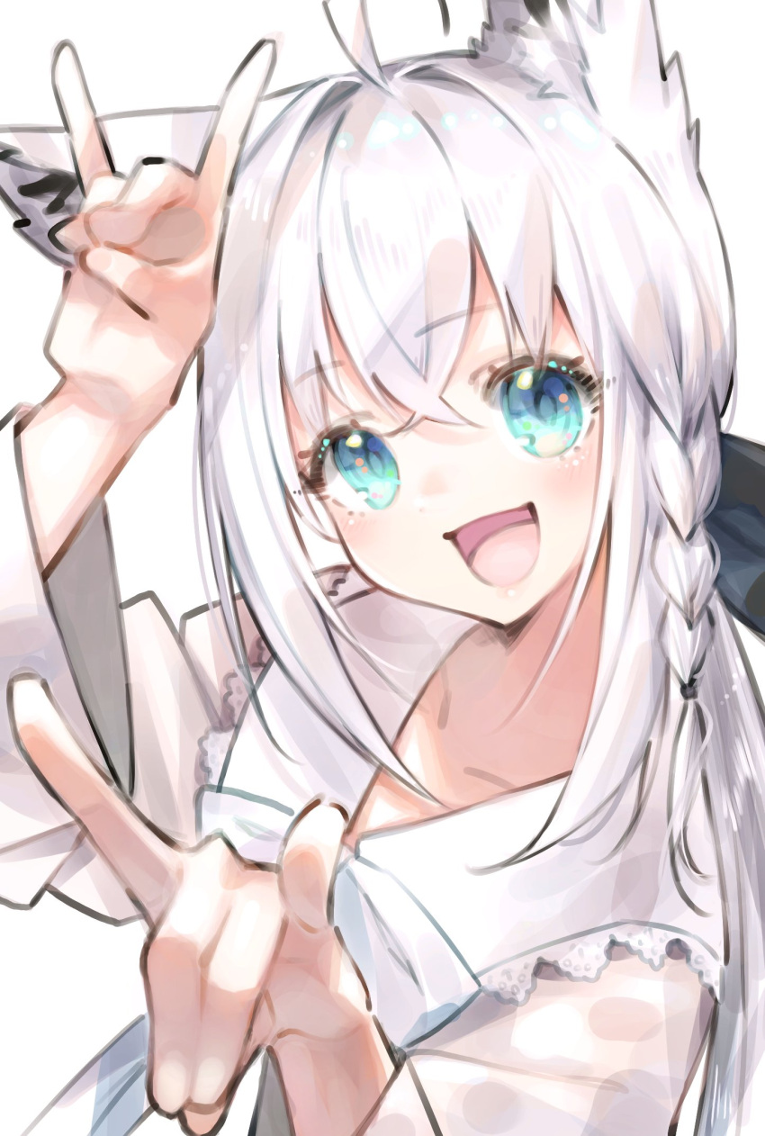1girl, ahoge, animal_ear_fluff, animal_ears, aqua_eyes, black_ribbon, blouse, braid, crossed_bangs, double-parted_bangs, double_fox_shadow_puppet, extra_ears, fox_ears, fox_girl, fox_shadow_puppet, fox_tail, hair_ribbon, highres, hololive, laughing, long_hair, long_sleeves, looking_at_viewer, low-tied_long_hair, nmnkymd, official_alternate_costume, open_mouth, ribbon, shirakami_fubuki, shirakami_fubuki_(street), shirt, side_braid, sidelocks, simple_background, single_braid, solo, tail, toukaiterakio, upper_body, virtual_youtuber, white_background, white_hair, white_shirt