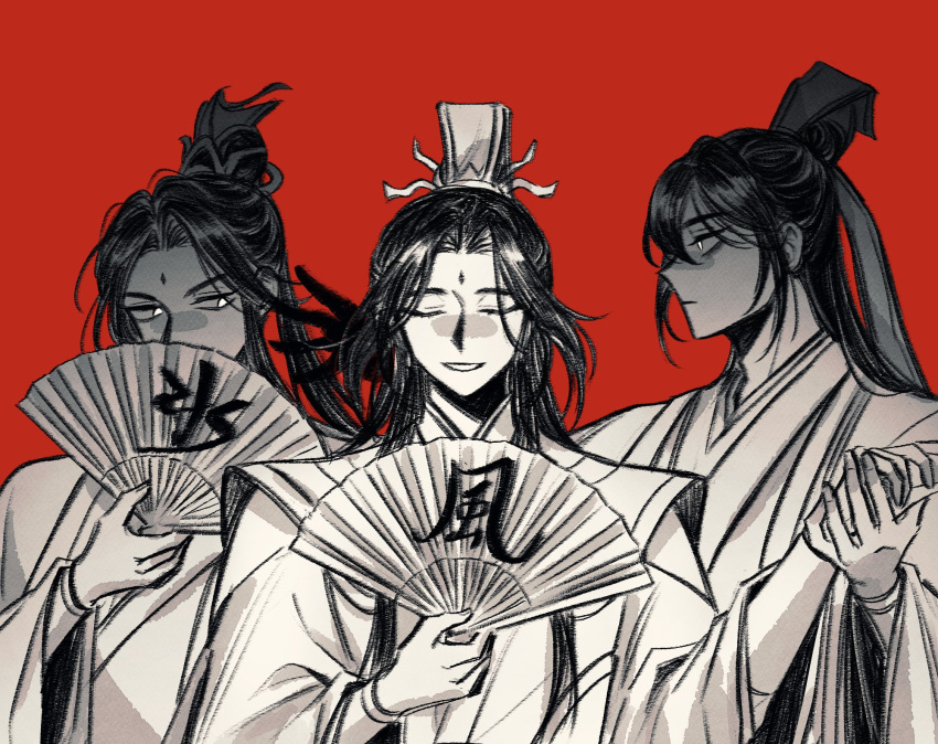 3boys, chinese_clothes, closed_eyes, closed_mouth, facial_mark, flclrnldudnj, folding_fan, forehead_mark