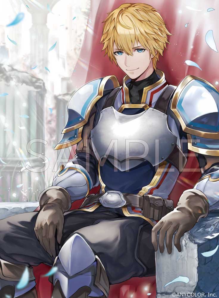 1boy, armor, black_pants, blonde_hair, blue_eyes, boots, breastplate, brown_gloves, closed_mouth, copyright_name, ex_albio, ex_albio_(1st_costume), gloves, hair_between_eyes, looking_at_viewer, male_focus, marumoru, nijisanji, official_art, pants, sample_watermark, sitting, smile, solo, throne, vambraces, virtual_youtuber, watermark