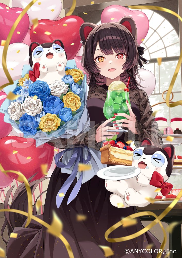 >_<, 1girl, :d, animal_ears, balloon, black_dress, blue_flower, blush