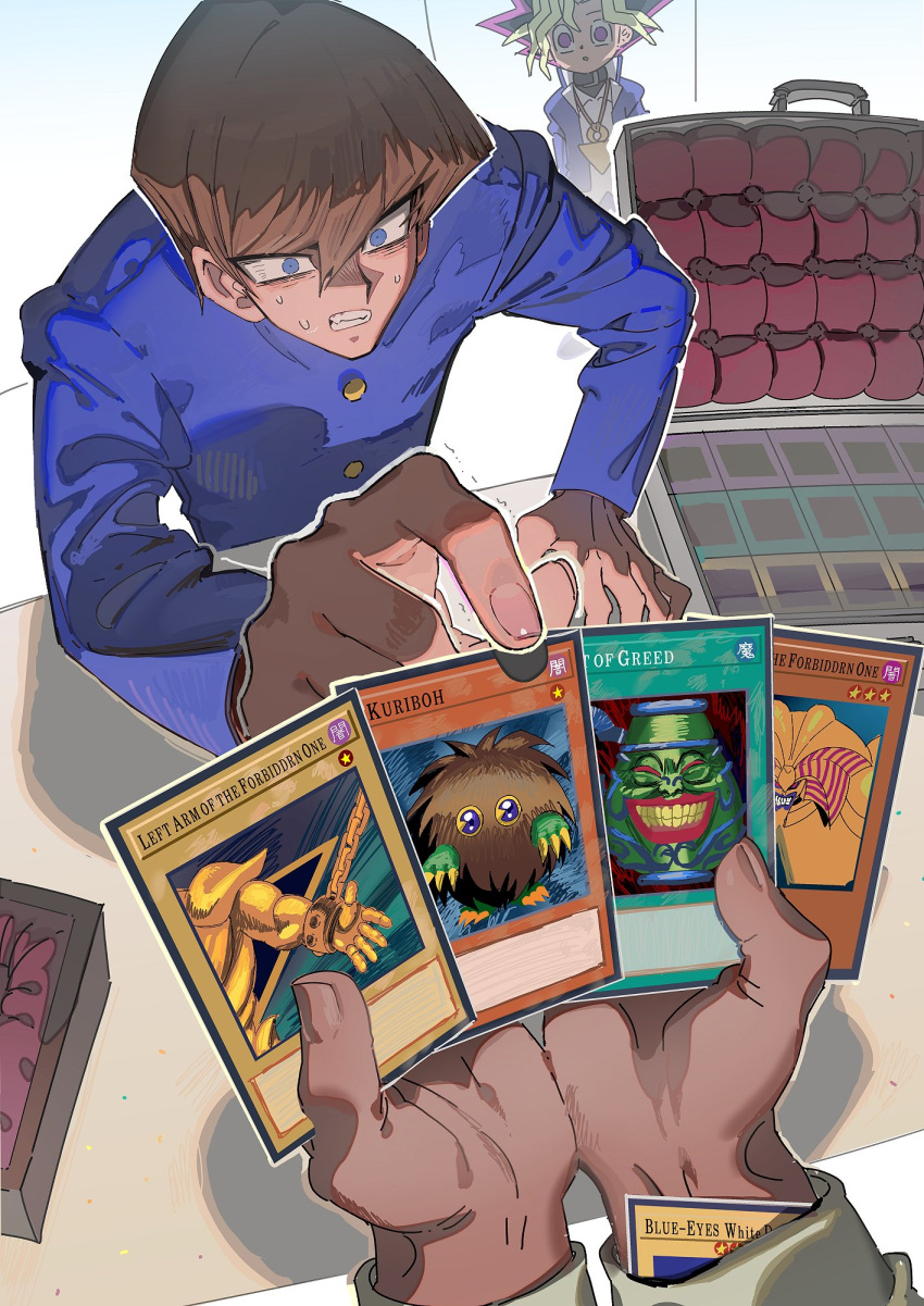 3boys, blue-eyes_white_dragon, blue_eyes, blue_jacket, brown_hair, card, cheating_(competitive), commentary, english_commentary, exodia_the_forbidden_one, highres, holding, holding_card, jacket, kaiba_seto, kuriboh, male_focus, multiple_boys, muto_sugoroku, muto_yugi, pot_of_greed, pov, pov_hands, trading_card, youduk, yu-gi-oh!, yu-gi-oh!_duel_monsters