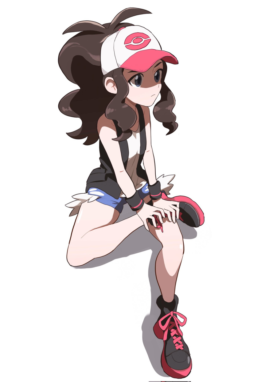1girl, antenna_hair, baeming, bare_shoulders, baseball_cap, black_footwear, black_vest, black_wristband