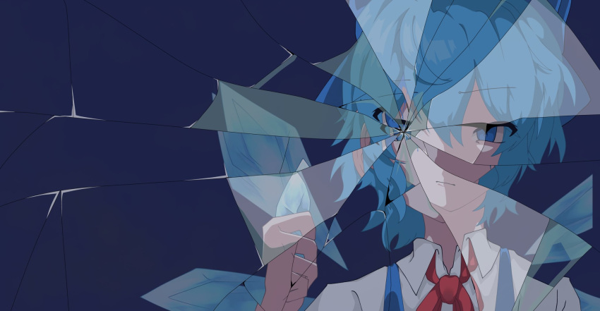 1girl, azunishi_(azns_0), blue_background, blue_eyes, blue_hair, broken_glass, cirno, closed_mouth