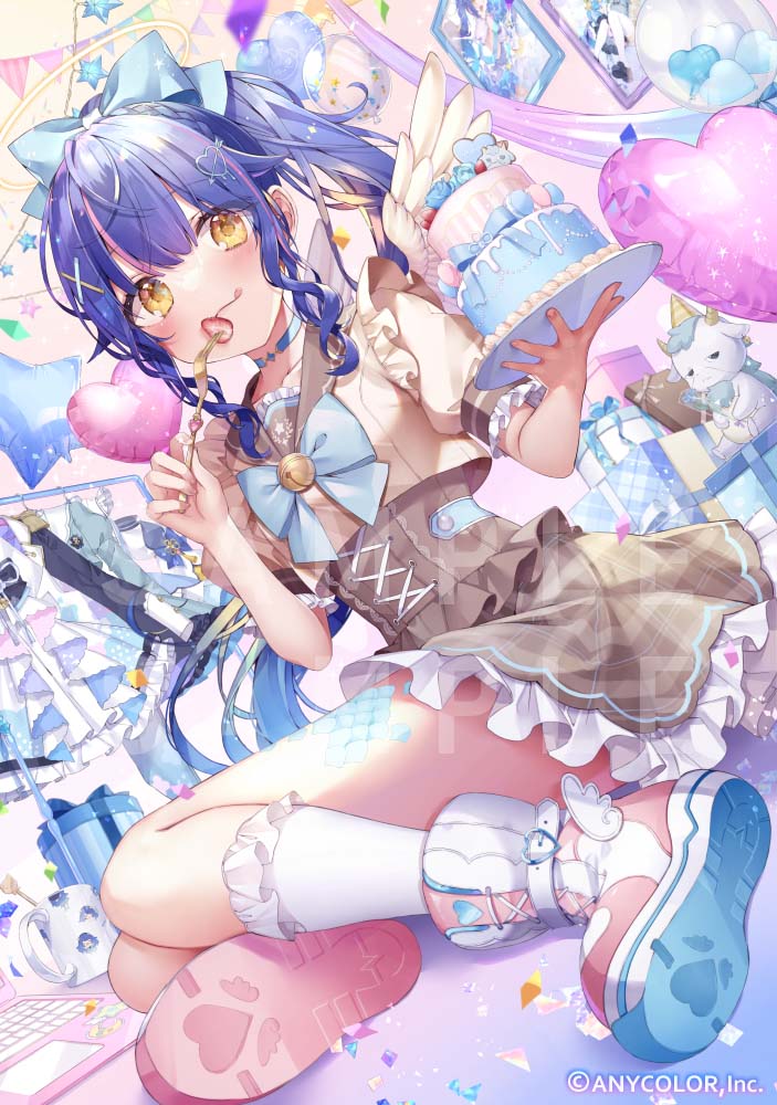 1girl, alternate_costume, alternate_hairstyle, amamiya_kokoro, amamiya_kokoro_(4th_costume), balloon, bell, blue_bow, blush, bow, box, braid, brown_dress, center-flap_bangs, clothes_hanger, confetti, copyright_name, dress, food, fork, frilled_socks, frills, fruit, full_body, gift, gift_box, hair_bow, hair_ornament, heart, heart_balloon, heart_hair_ornament, holding, holding_fork, holding_plate, multicolored_hair, nijisanji, official_alternate_costume, official_alternate_hairstyle, official_art, picture_frame, pink_footwear, pink_hair, plate, sakura_shiori, sample_watermark, scales, socks, solo, strawberry, streaked_hair, stuffed_toy, tongue, virtual_youtuber, watermark, white_socks, x_hair_ornament, yellow_eyes