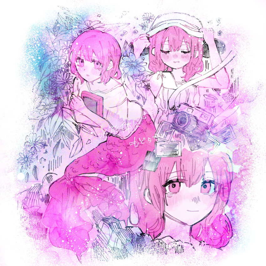 1girl, blush, border, camera, closed_mouth, commentary_request, dress, fading_border