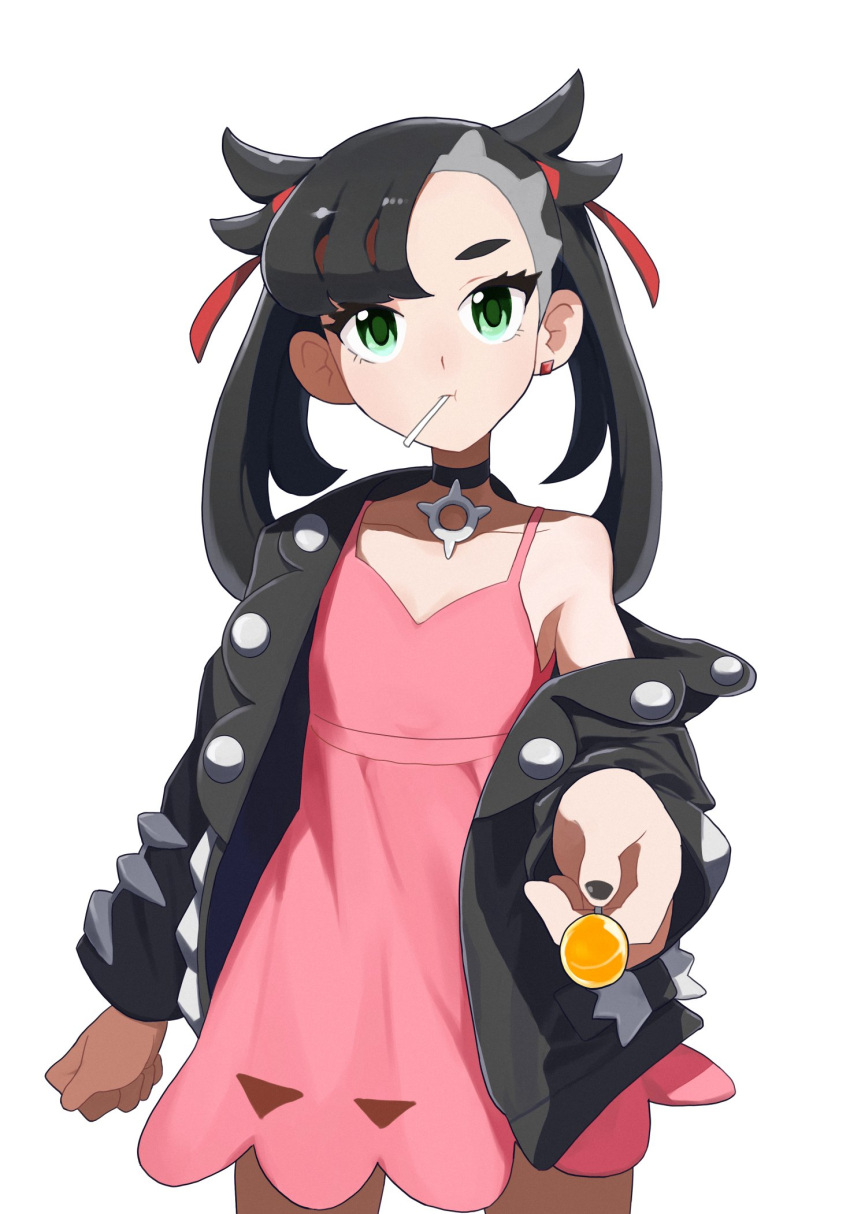 1girl, :t, asymmetrical_bangs, baeming, black_choker, black_hair, black_jacket, black_nails
