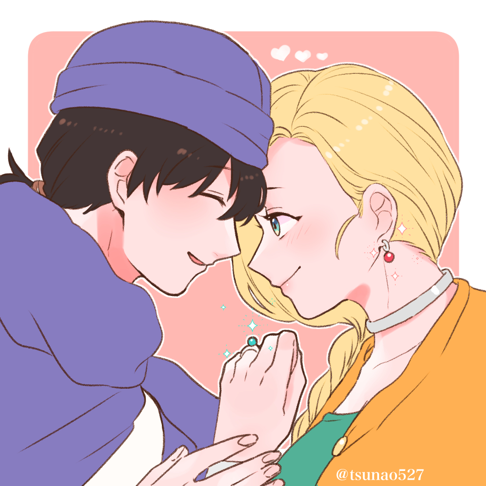 1boy, 1girl, bianca_(dq5), black_hair, blonde_hair, blush, border, bracelet