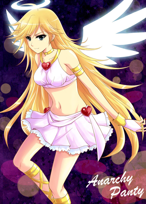 bare_shoulders, blonde_hair, blue_eyes, breasts, earrings, halo, heart, jewelry