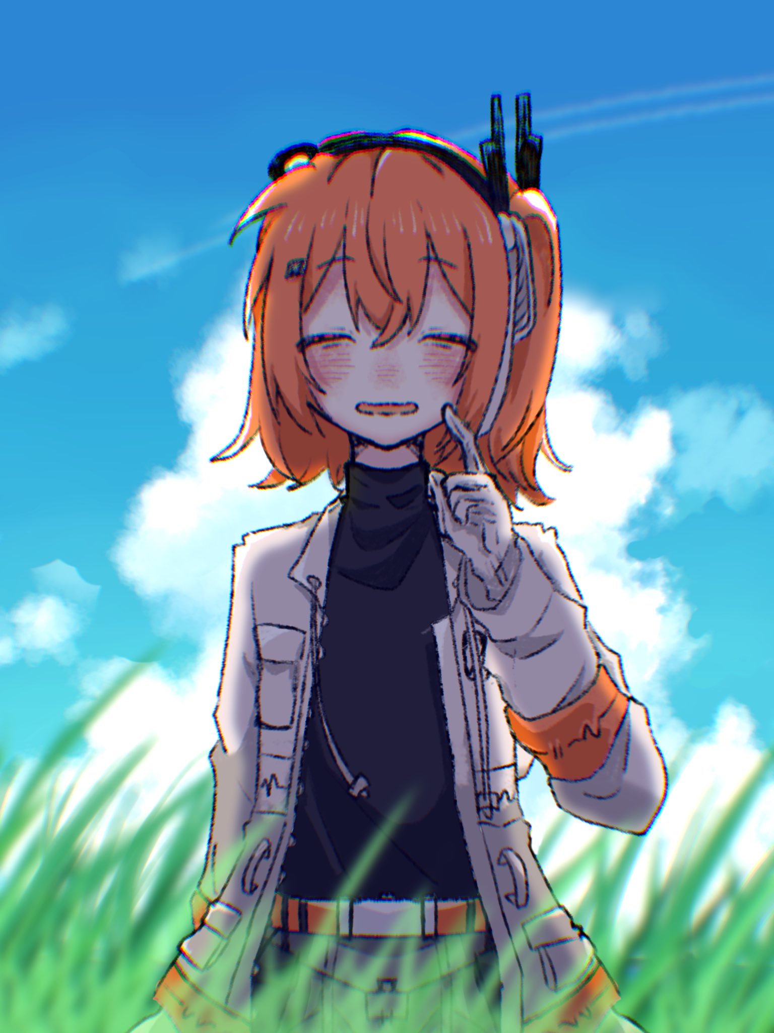 1girl, a.i._voice, adachi_rei, azunishi_(azns_0), belt, black_shirt, blurry, blurry_foreground, blush, closed_eyes, clouds, day, drawstring, facing_viewer, gloves, grass, hand_up, highres, index_finger_raised, jacket, long_sleeves, medium_hair, one_side_up, open_clothes, open_jacket, orange_belt, orange_hair, outdoors, parted_lips, radio_antenna, shirt, solo, straight-on, turtleneck, upper_body, utau, white_gloves, white_jacket
