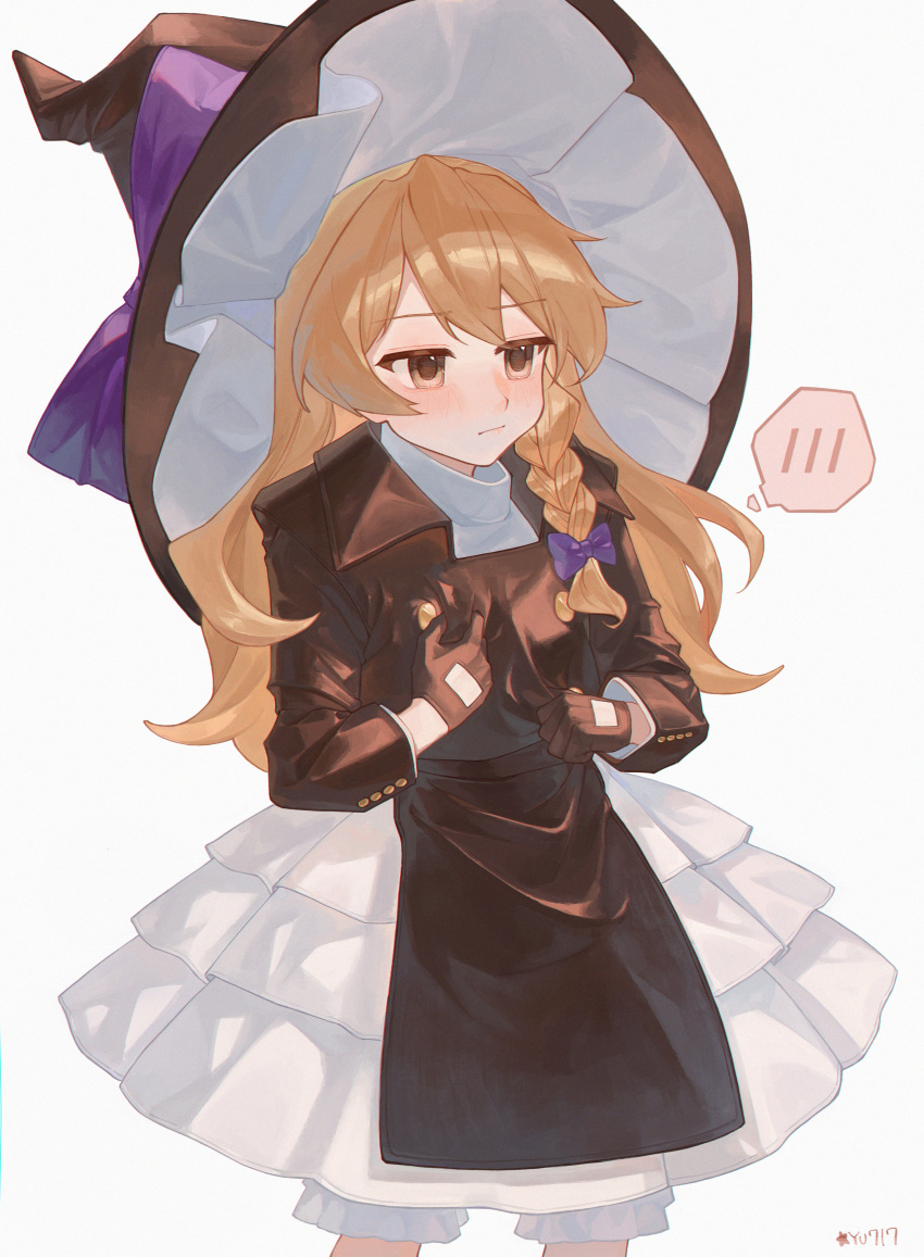 1girl, absurdres, black_gloves, black_jacket, blonde_hair, bloomers, blush, bow, cindy717, cowboy_shot, dress, gloves, hair_bow, hand_on_own_chest, hat, hat_bow, highres, jacket, kirisame_marisa, large_hat, long_hair, pointy_hat, purple_bow, solo, thought_bubble, touhou, white_background, white_bloomers, white_dress, witch_hat, yellow_eyes