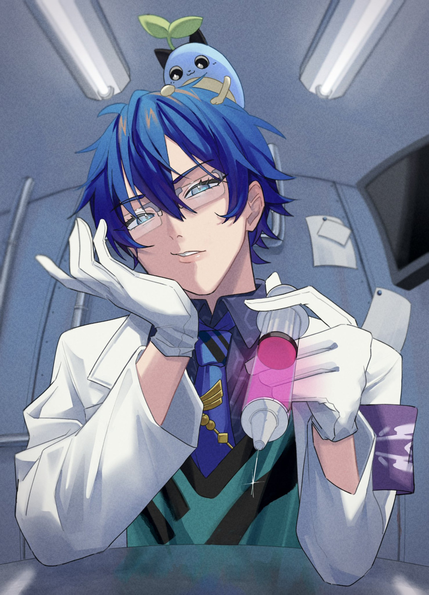 1boy, animal, aoi_mugi, aqua_eyes, aqua_sweater_vest, blue_hair, blue_necktie, ceiling_light