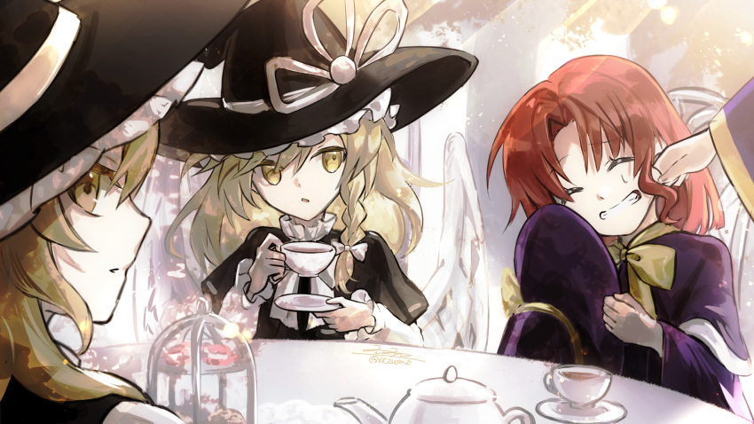 4girls, black_capelet, black_hat, blonde_hair, capelet, character_request, cup, hat