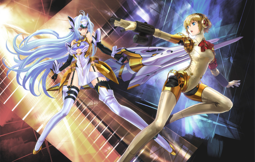 2girls, aegis, android, blonde_hair, blue_eyes, blue_hair, boots, bow