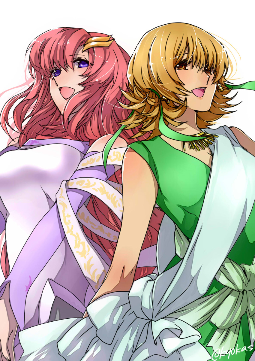 2girls, :d, bare_arms, blonde_hair, brown_eyes, cagalli_yula_athha, detached_sleeves, dress