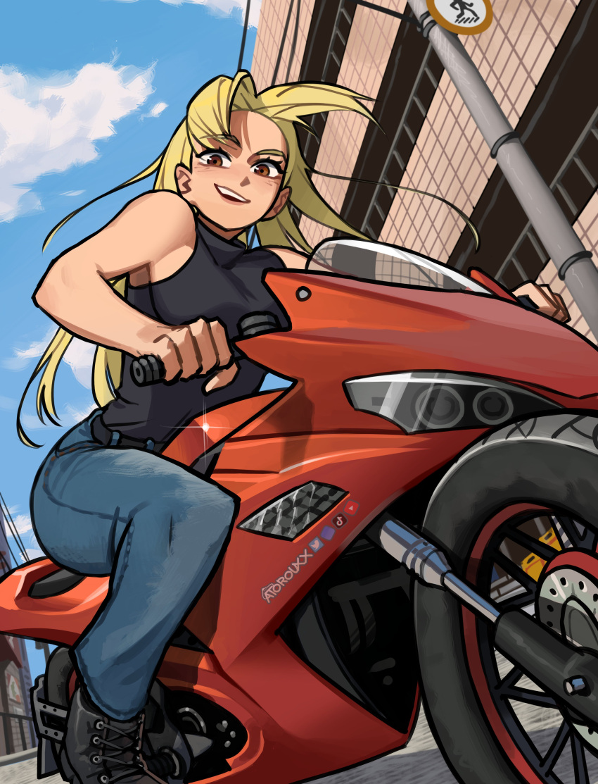 1girl, absurdres, atoroux, black_shirt, blonde_hair, brown_eyes, clouds, commentary